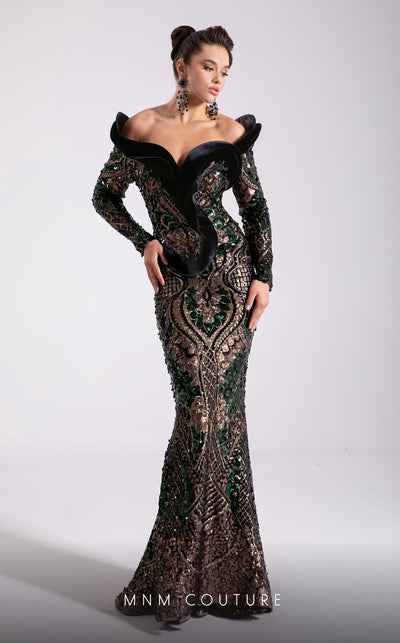 MNM Couture F02896 black fit and flare gown with sweetheart neckline and sequin detailing |Couture Shop LA