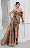 MNM Couture F02897B gold one-shoulder sequin gown with a floral waist detail, high slit, and a long train. | Couture Shop LA