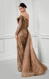 MNM Couture F02897B gold one-shoulder sequin gown with a floral waist detail, high slit, and a long train. | Couture Shop LA