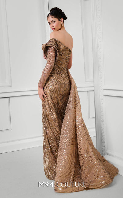MNM Couture F02897B gold one-shoulder sequin gown with a floral waist detail, high slit, and a long train. | Couture Shop LA