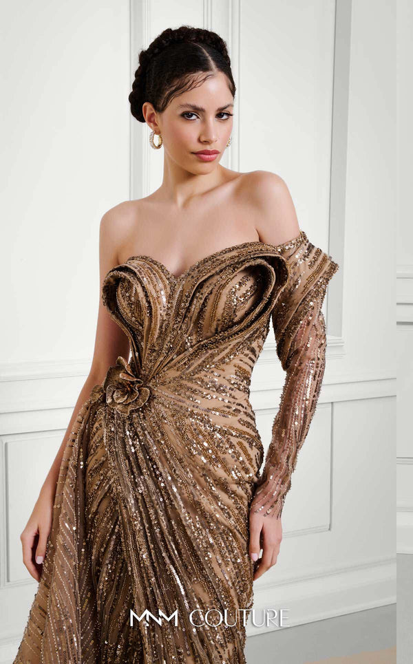 MNM Couture F02897B gold one-shoulder sequin gown with a floral waist detail, high slit, and a long train. | Couture Shop LA