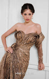 MNM Couture F02897B gold one-shoulder sequin gown with a floral waist detail, high slit, and a long train. | Couture Shop LA