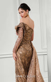 MNM Couture F02897B gold one-shoulder sequin gown with a floral waist detail, high slit, and a long train. | Couture Shop LA