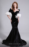 MNM Couture F02898 black and white velvet gown with criss-cross neckline and puffed sleeves |Couture Shop LA