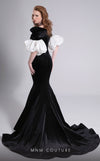 MNM Couture F02898 black and white velvet gown with criss-cross neckline and puffed sleeves |Couture Shop LA