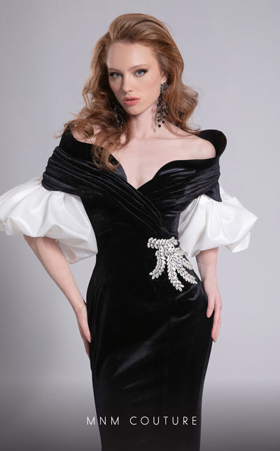 MNM Couture F02898 black and white velvet gown with criss-cross neckline and puffed sleeves |Couture Shop LA
