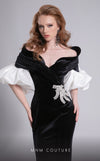 MNM Couture F02898 black and white velvet gown with criss-cross neckline and puffed sleeves |Couture Shop LA