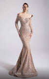 MNM Couture F02900 a sequined sweatheart mermaid gown with off-shoulder long sleeves and train. | Couture Shop LA