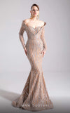 MNM Couture F02900 a sequined sweatheart mermaid gown with off-shoulder long sleeves and train. | Couture Shop LA