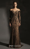 MNM Couture F02900 a sequined sweatheart mermaid gown with off-shoulder long sleeves and train. | Couture Shop LA