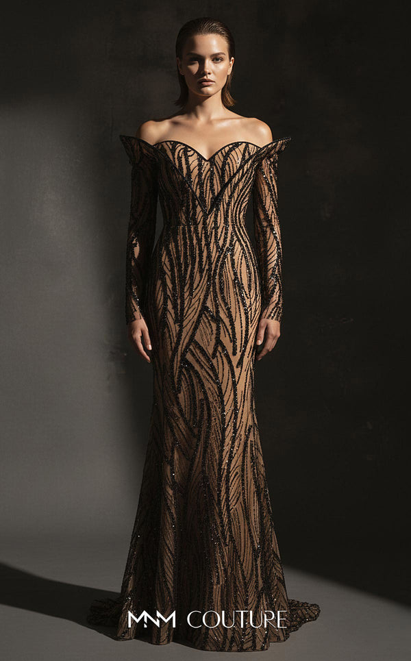 MNM Couture F02900 a sequined sweatheart mermaid gown with off-shoulder long sleeves and train. | Couture Shop LA