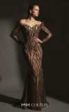 MNM Couture F02900 a sequined sweatheart mermaid gown with off-shoulder long sleeves and train. | Couture Shop LA