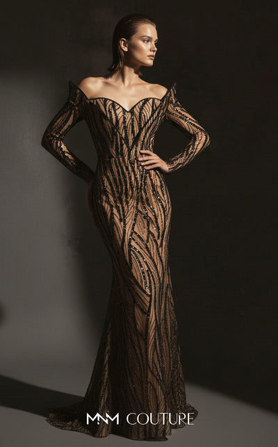 MNM Couture F02900 a sequined sweatheart mermaid gown with off-shoulder long sleeves and train. | Couture Shop LA