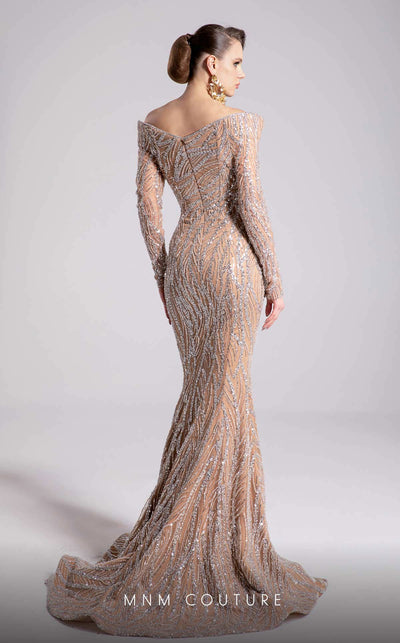 MNM Couture F02900 a sequined sweatheart mermaid gown with off-shoulder long sleeves and train. | Couture Shop LA