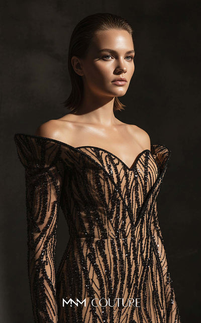 MNM Couture F02900 a sequined sweatheart mermaid gown with off-shoulder long sleeves and train. | Couture Shop LA
