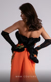 MNM Couture F02902 strapless gown with black embroidered velvet corset top, vibrant orange floor-length skirt, and matching gloves. | Couture Shop LA