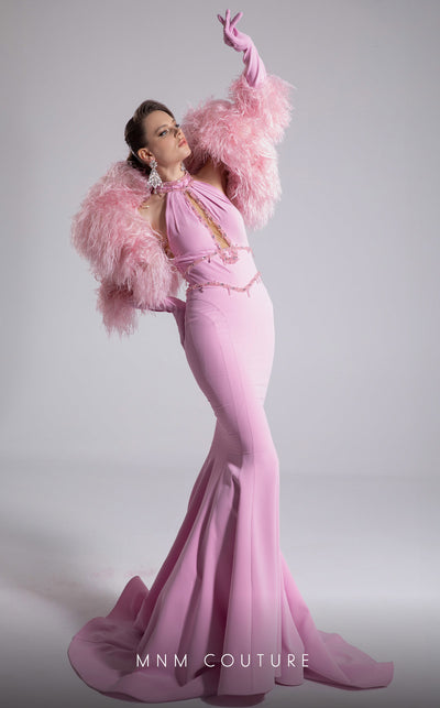 MNM Couture F02903 pink form-fitting mermaid gown with a beaded halter neckline, long train, and matching gloves. | Couture Shop LA