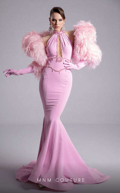 MNM Couture F02903 pink form-fitting mermaid gown with a beaded halter neckline, long train, and matching gloves. | Couture Shop LA