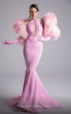 MNM Couture F02903 pink form-fitting mermaid gown with a beaded halter neckline, long train, and matching gloves. | Couture Shop LA