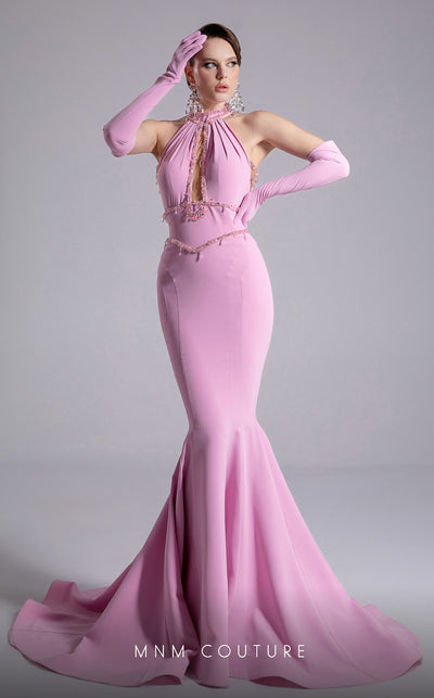 MNM Couture F02903 pink form-fitting mermaid gown with a beaded halter neckline, long train, and matching gloves. | Couture Shop LA