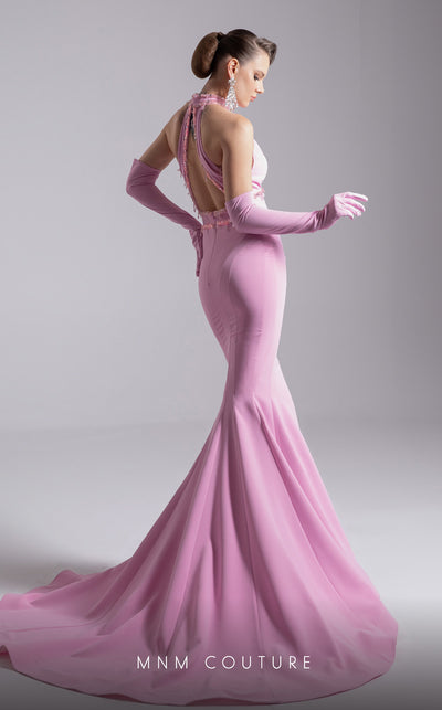 MNM Couture F02903 pink form-fitting mermaid gown with a beaded halter neckline, long train, and matching gloves. | Couture Shop LA