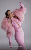 MNM Couture F02903 pink form-fitting mermaid gown with a beaded halter neckline, long train, and matching gloves. | Couture Shop LA