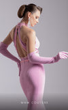 MNM Couture F02903 pink form-fitting mermaid gown with a beaded halter neckline, long train, and matching gloves. | Couture Shop LA