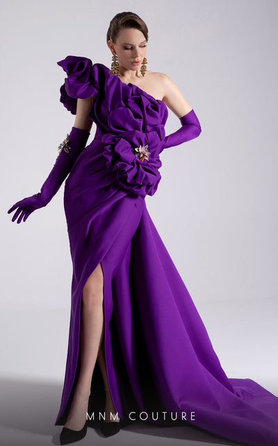 MNM Couture Style F02904 rayon crepe column dress featuring an asymmetric one-shoulder strap, fitted silhouette, and an undetachable long train for an elegant look | Couture Shop LA