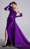 MNM Couture Style F02904 rayon crepe column dress featuring an asymmetric one-shoulder strap, fitted silhouette, and an undetachable long train for an elegant look | Couture Shop LA