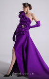 MNM Couture Style F02904 rayon crepe column dress featuring an asymmetric one-shoulder strap, fitted silhouette, and an undetachable long train for an elegant look | Couture Shop LA