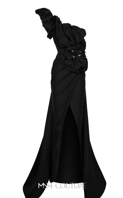 MNM Couture Style F02904 rayon crepe column dress featuring an asymmetric one-shoulder strap, fitted silhouette, and an undetachable long train for an elegant look | Couture Shop LA