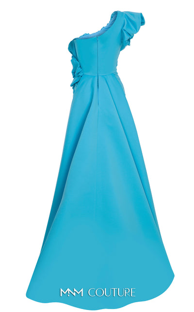 MNM Couture Style F02904 rayon crepe column dress featuring an asymmetric one-shoulder strap, fitted silhouette, and an undetachable long train for an elegant look | Couture Shop LA