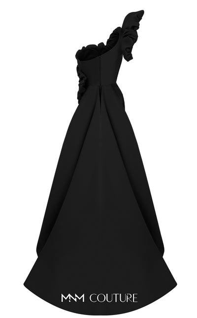 MNM Couture Style F02904 rayon crepe column dress featuring an asymmetric one-shoulder strap, fitted silhouette, and an undetachable long train for an elegant look | Couture Shop LA