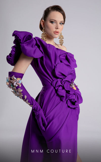 MNM Couture Style F02904 rayon crepe column dress featuring an asymmetric one-shoulder strap, fitted silhouette, and an undetachable long train for an elegant look | Couture Shop LA