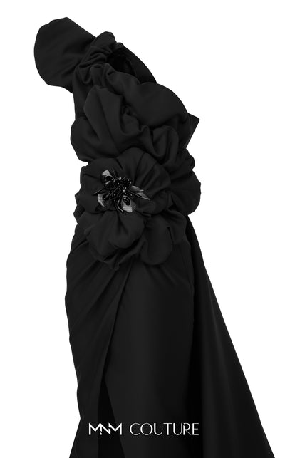 MNM Couture Style F02904 rayon crepe column dress featuring an asymmetric one-shoulder strap, fitted silhouette, and an undetachable long train for an elegant look | Couture Shop LA