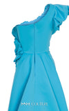 MNM Couture Style F02904 rayon crepe column dress featuring an asymmetric one-shoulder strap, fitted silhouette, and an undetachable long train for an elegant look | Couture Shop LA