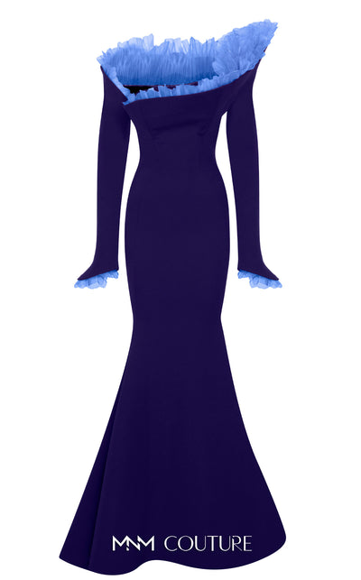 MNM Couture Style F02905 gown showcasing an organza pleated accent, off-shoulder design, and flowing mermaid silhouette. / Couture Shop LA