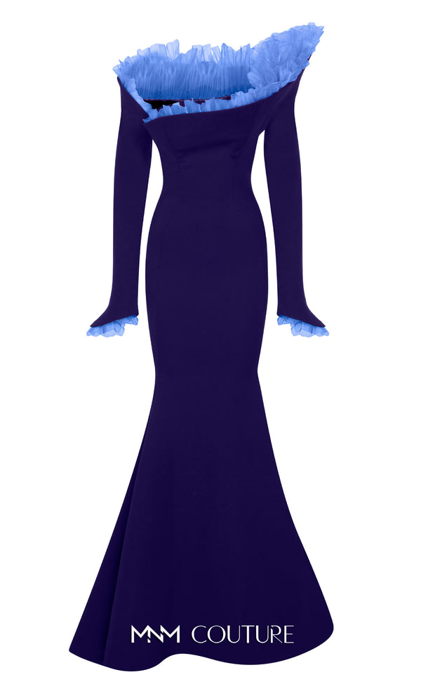 MNM Couture Style F02905 gown showcasing an organza pleated accent, off-shoulder design, and flowing mermaid silhouette. / Couture Shop LA