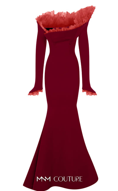MNM Couture Style F02905 gown showcasing an organza pleated accent, off-shoulder design, and flowing mermaid silhouette. / Couture Shop LA