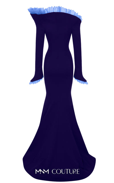 MNM Couture Style F02905 gown showcasing an organza pleated accent, off-shoulder design, and flowing mermaid silhouette. / Couture Shop LA