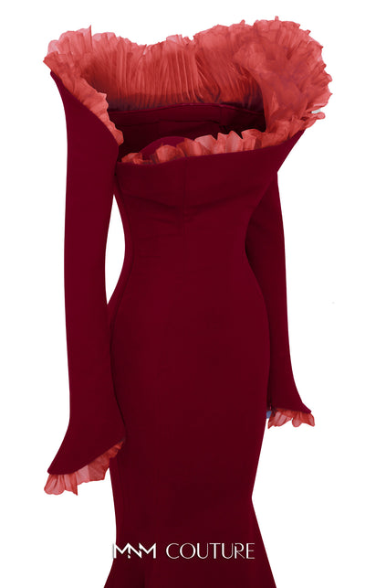 MNM Couture Style F02905 gown showcasing an organza pleated accent, off-shoulder design, and flowing mermaid silhouette. / Couture Shop LA