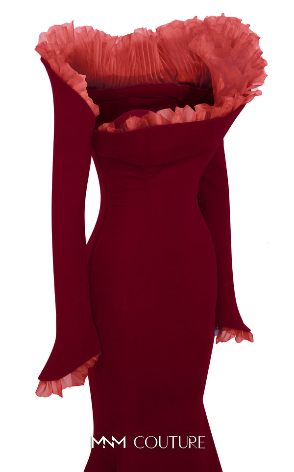 MNM Couture Style F02905 gown showcasing an organza pleated accent, off-shoulder design, and flowing mermaid silhouette. / Couture Shop LA