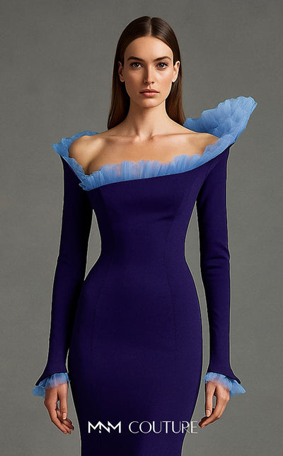 MNM Couture Style F02905 gown showcasing an organza pleated accent, off-shoulder design, and flowing mermaid silhouette. / Couture Shop LA