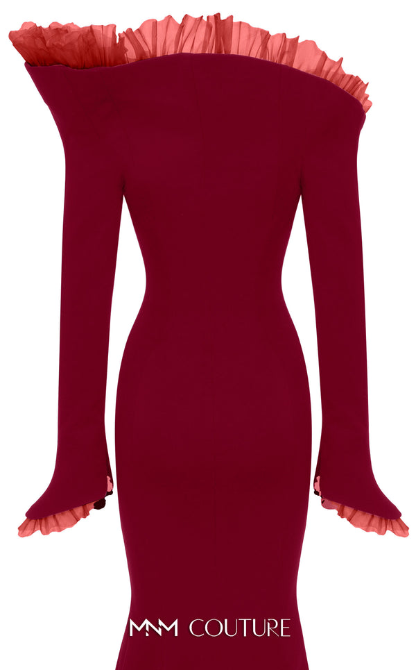 MNM Couture Style F02905 gown showcasing an organza pleated accent, off-shoulder design, and flowing mermaid silhouette. / Couture Shop LA