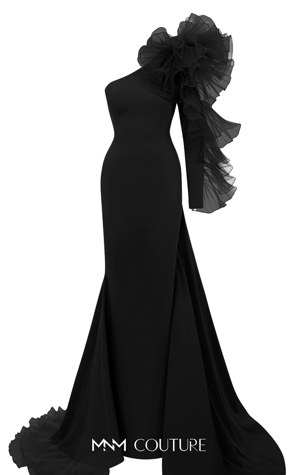 MNM Couture F02906 an AHA mermaid gown with asymmetric neckline and organza flower details. | Couture Shop LA