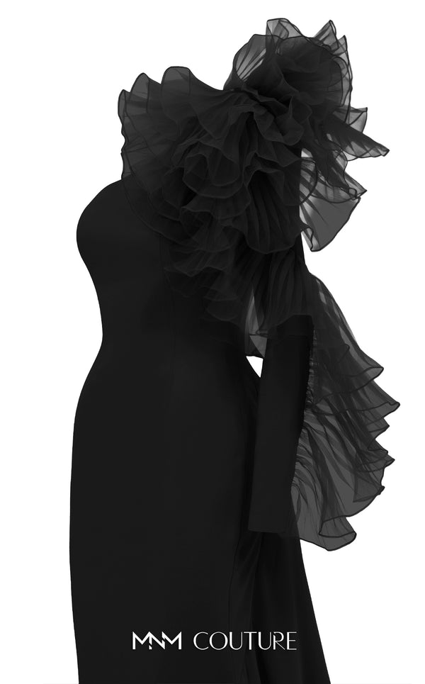 MNM Couture F02906 an AHA mermaid gown with asymmetric neckline and organza flower details. | Couture Shop LA