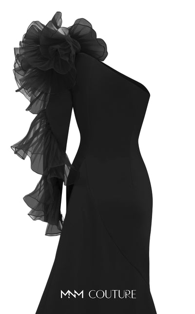 MNM Couture F02906 an AHA mermaid gown with asymmetric neckline and organza flower details. | Couture Shop LA