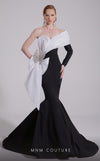 MNM Couture Style F02907 featuring an asymmetric mermaid gown with a large pleated organza bow, one off-shoulder cap sleeve, and crystal embellishments on the bodice. | Couture Shop LA
