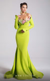 MNM Couture F02908 neon green long-sleeve mermaid gown with an off-shoulder ruffled floral neckline in pink and green. | Couture Shop LA