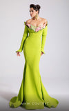 MNM Couture F02908 neon green long-sleeve mermaid gown with an off-shoulder ruffled floral neckline in pink and green. | Couture Shop LA